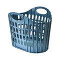 Blue plastic folding mesh dirty laundry basket shown in open position