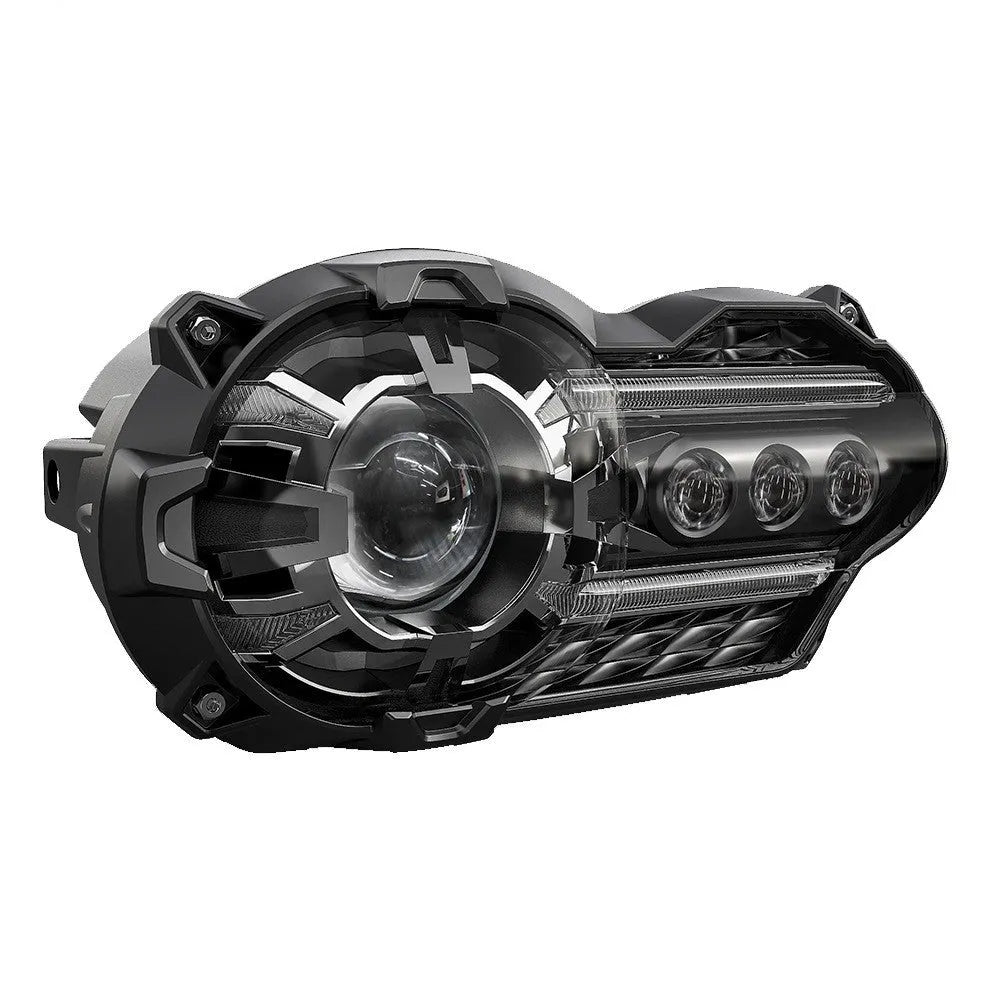 Black motorcycle LED headlight unit showing dimensions of 267mm width by 172mm depth