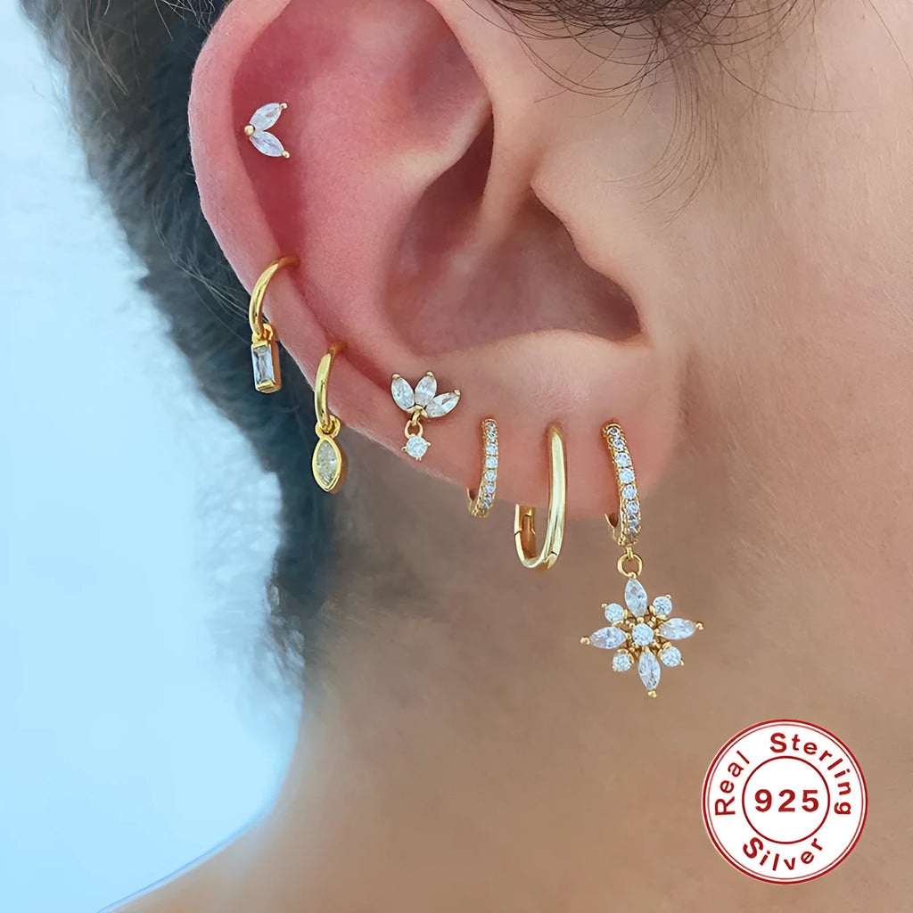 S925 sterling silver snowflake pendant earrings with geometric design in gold colour finishes