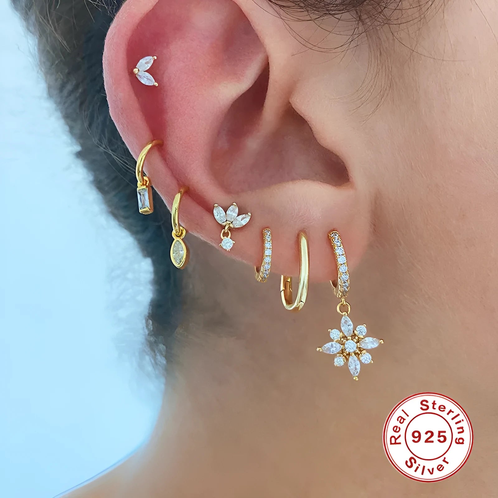 S925 sterling silver snowflake pendant earrings with geometric design in gold colour finishes