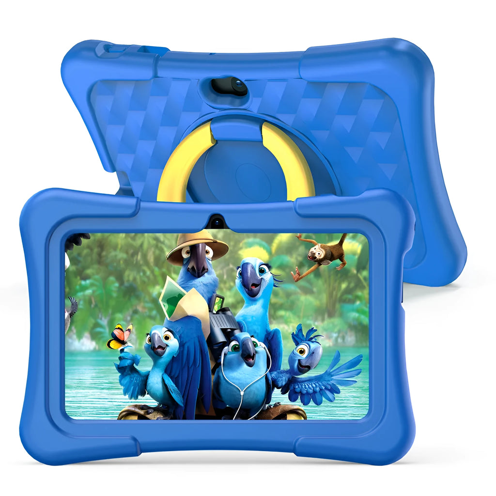 Blue children's educational tablet with a silicone protective cover and a white rotating handle bracket attached