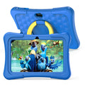 Blue children's educational tablet with a silicone protective cover and a white rotating handle bracket attached