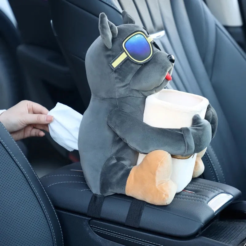 Plush car armrest tissue box cover with dog design options measuring 27 by 33 centimetres
