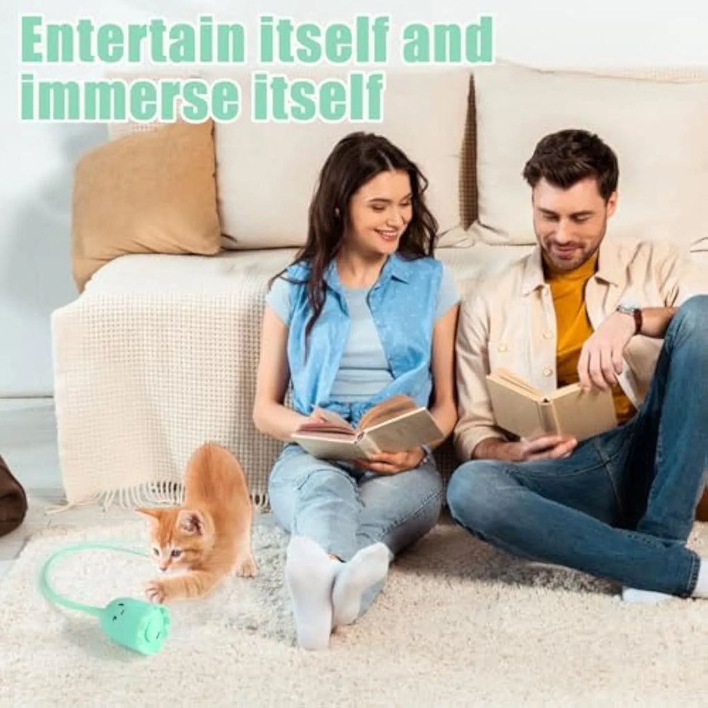 Electronic cat wand toy with swinging silicone tails, green colour option, 38cm length