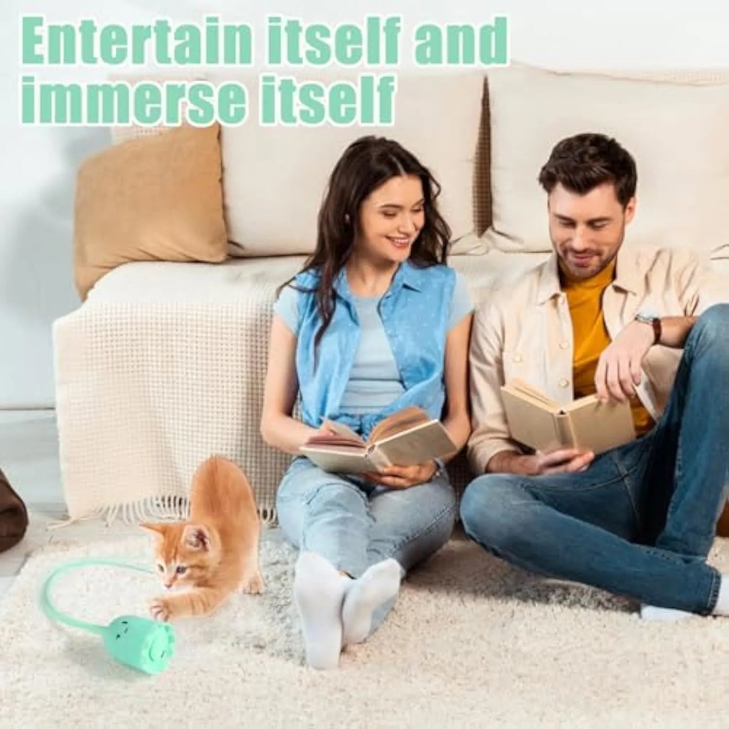 Electronic cat wand toy with swinging silicone tails, green colour option, 38cm length
