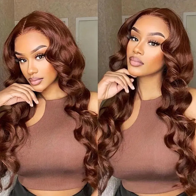 Women's long curly dark brown front lace wig with side bangs on a mannequin head.