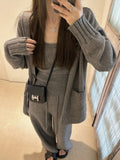 Women's knit cardigan vest and suspender trousers three-piece set in solid colour wool blend fabric