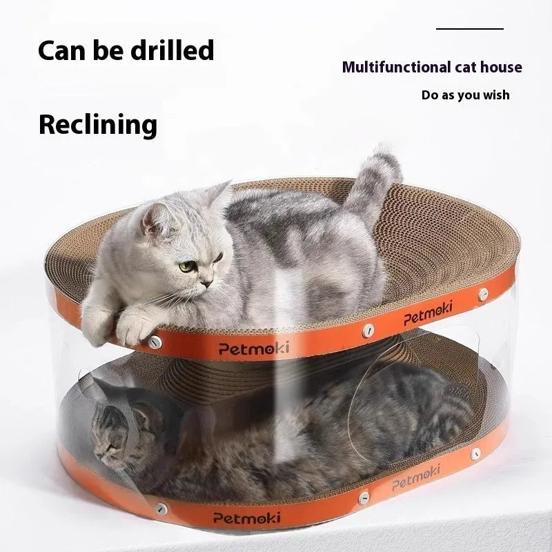 Transparent white diamond-shaped PVC cat nest with built-in corrugated cardboard scratching surface