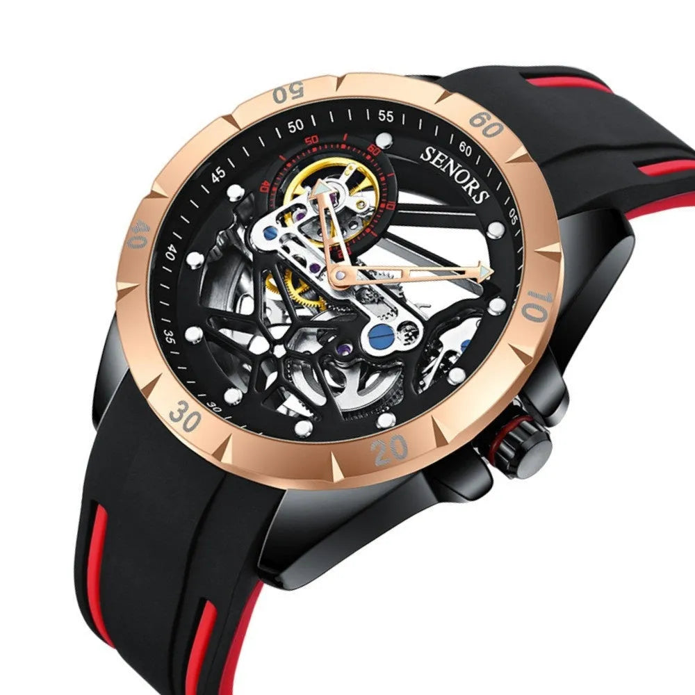 Men's rose gold automatic skeleton watch showing mechanical movement through hollow dial, 16mm thick business timepiece