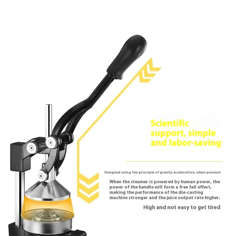 Black or white cast iron manual citrus juicer with stainless steel funnel and 40cm height