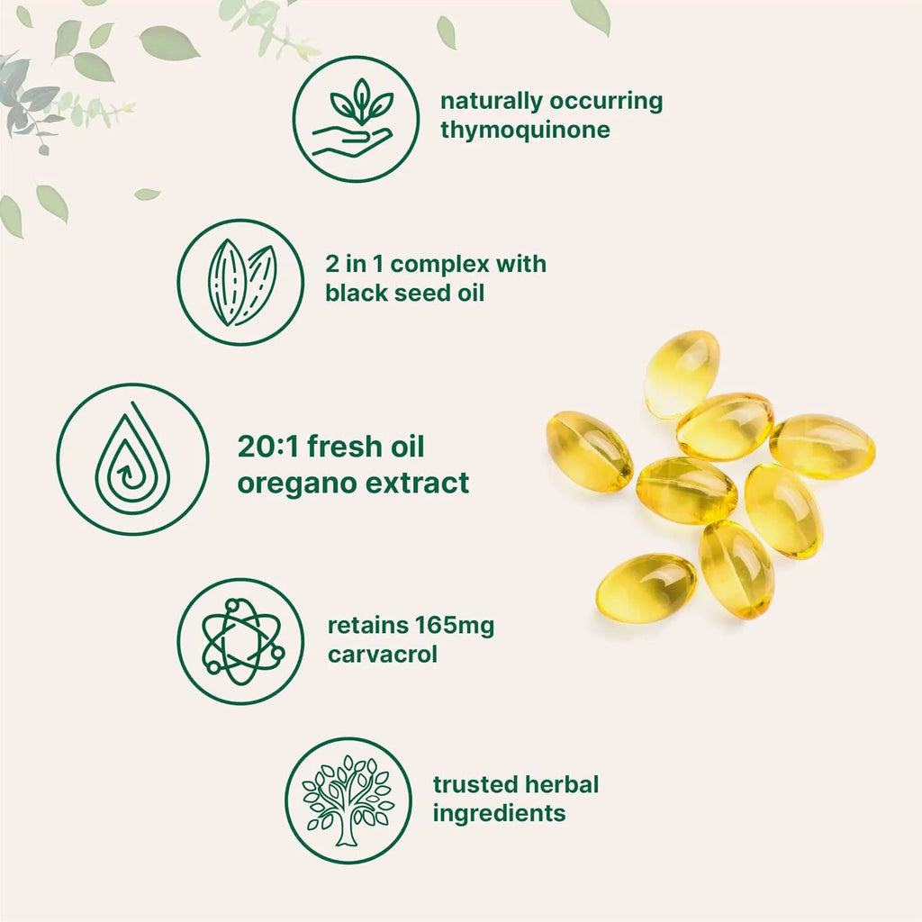 Butter black seed oil soft capsules supplement in packaging showing 180 or 300 tablet options