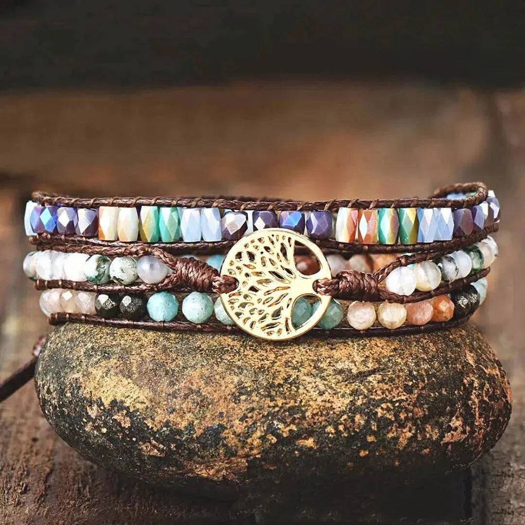 Hand-woven Tree of Life unisex bracelet in brown and white made from mixed natural stone