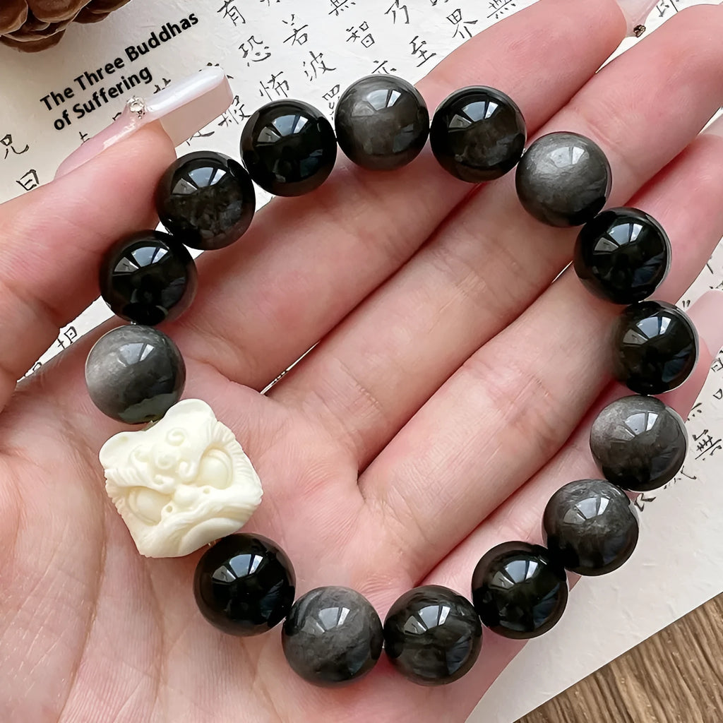 Obsidian Xingshi single circle prayer beads bracelet with chamfered square grain detailing