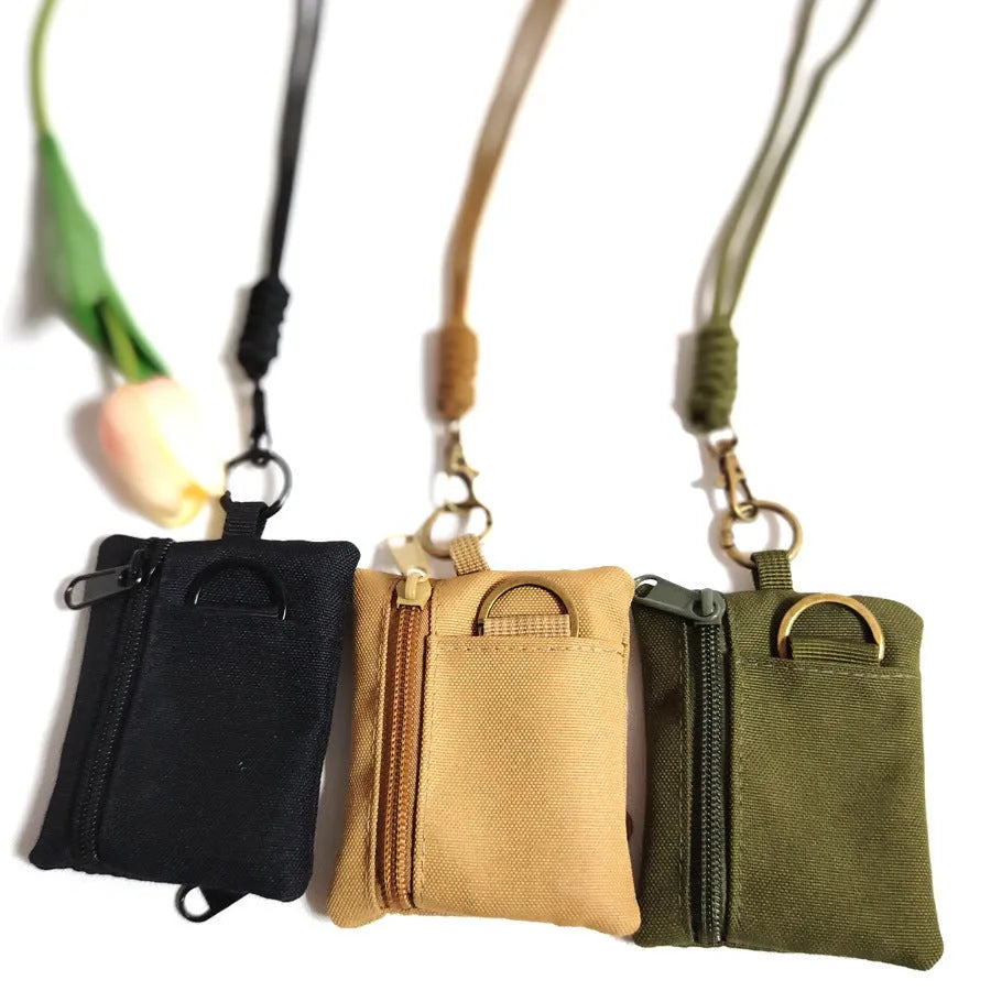 Mini multifunctional earphone bag in Oxford cloth, 9 x 10cm, with 52cm lanyard, shown in Black, Khaki or Army Green