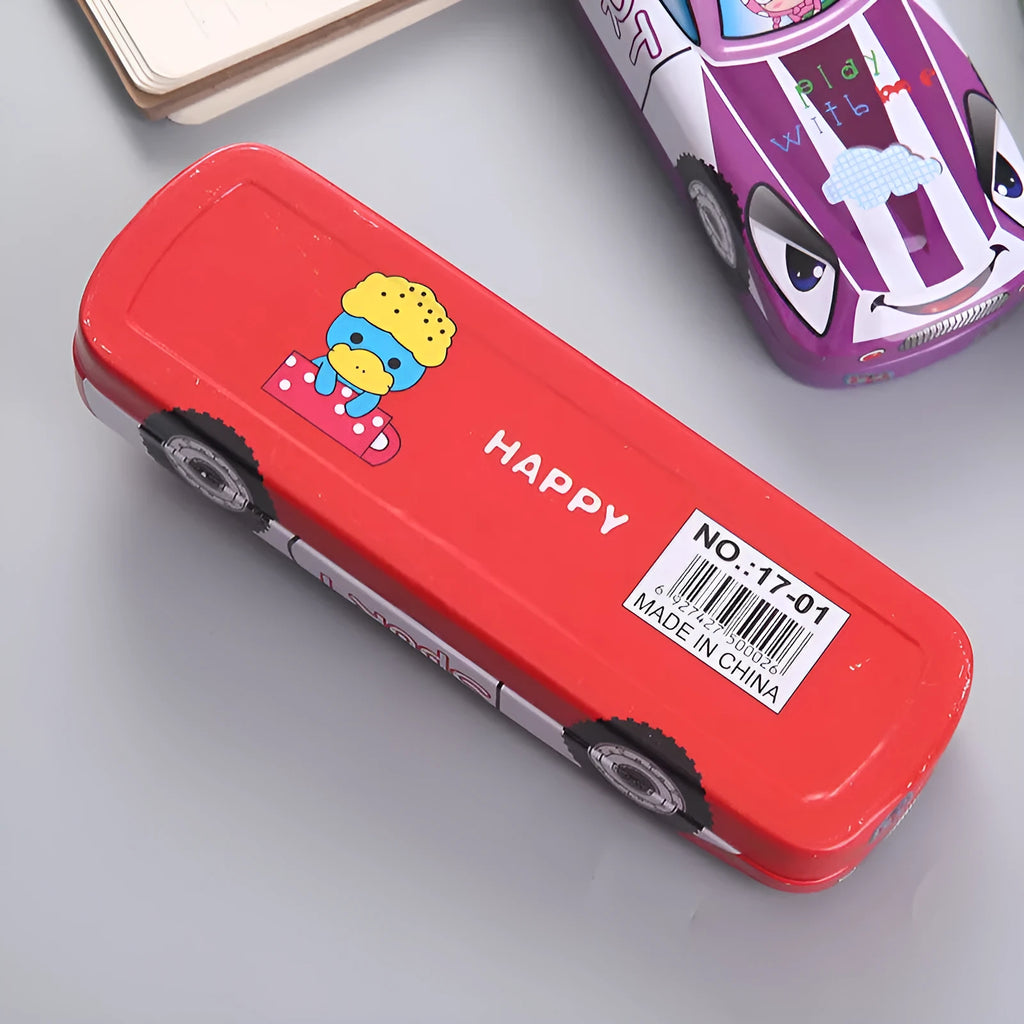 Tinplate car-shaped pencil case with cartoon patterns showing double-layer interior