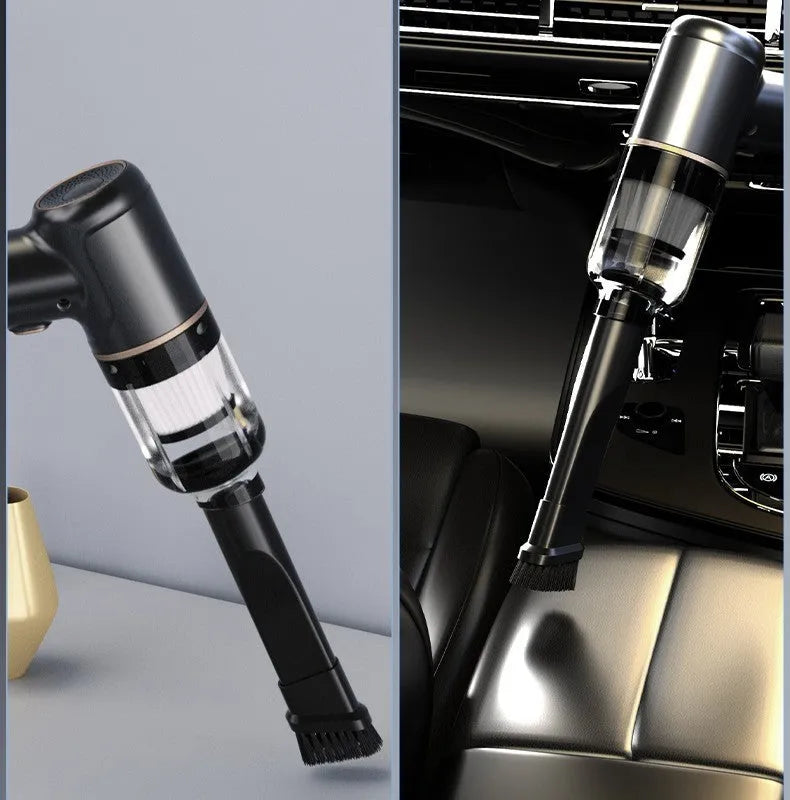 Black wireless handheld car vacuum cleaner and inflator with multiple nozzle attachments