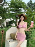 Black and pink women's three-piece polyester bikini set for swimming, shown in Asian sizes S to XL.