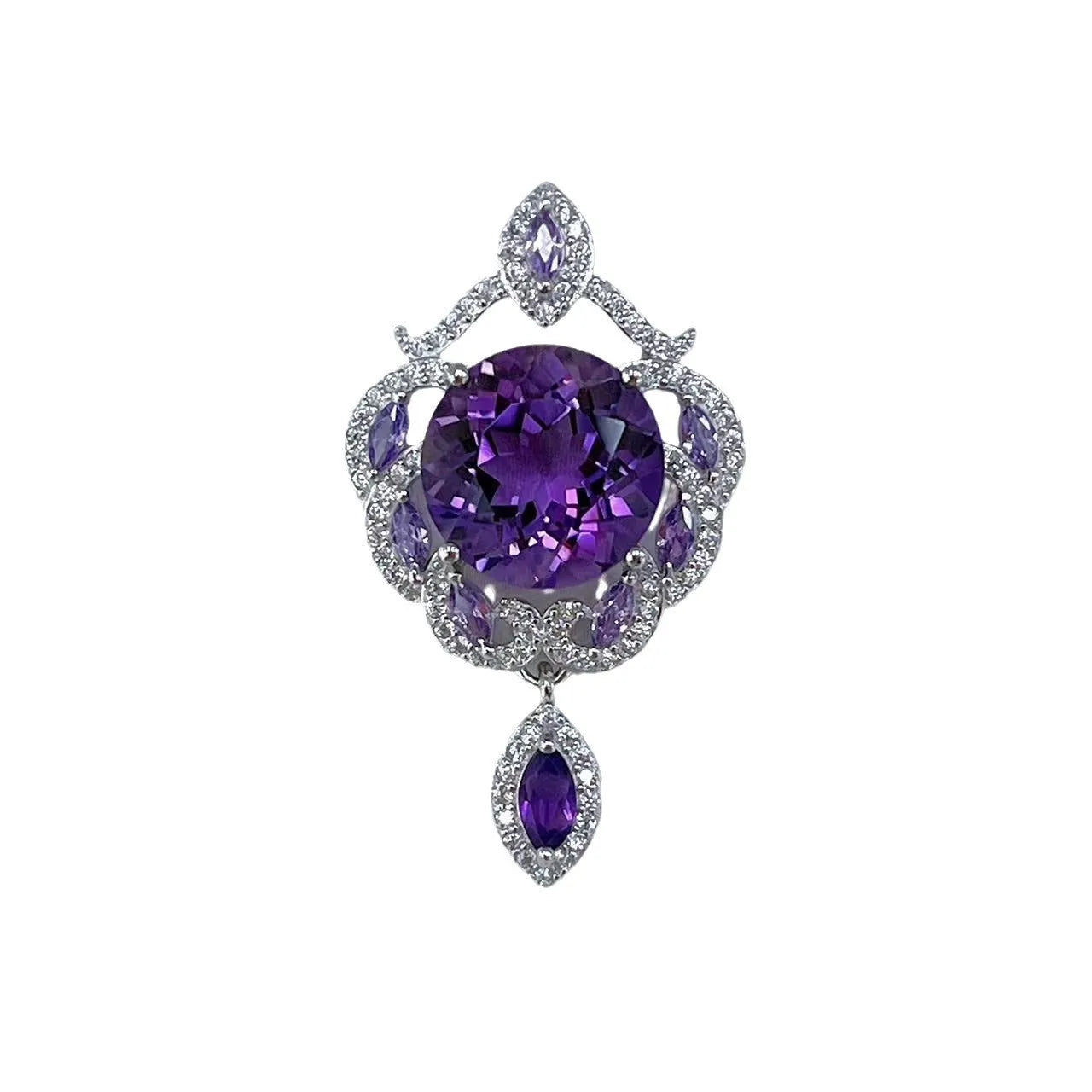 Purple amethyst stone set in silver U-shaped pendant with meteor shower pattern decoration