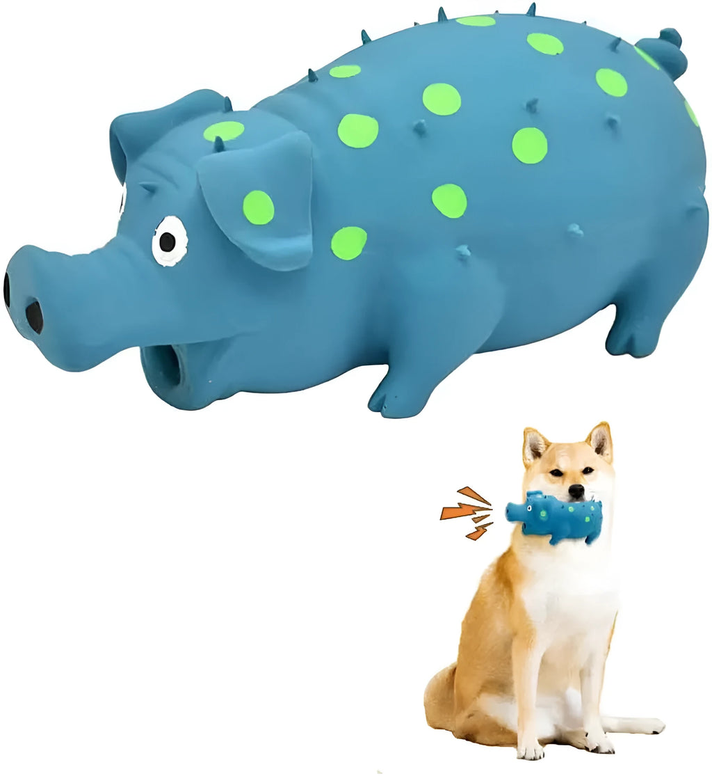 Blue pig-shaped latex dog chew toy with textured surface and squeaker, 20cm long