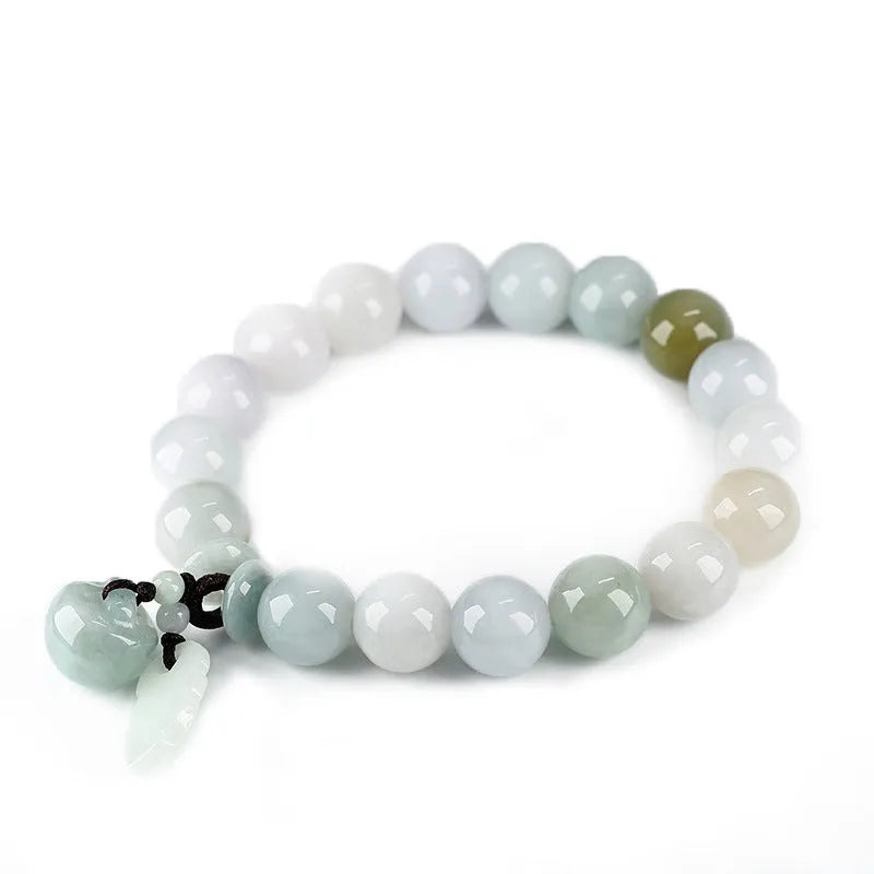 Natural jade bracelet with a choice of hanging charms: apple, double apple, money bag, gourd, or Maitreya Buddha.
