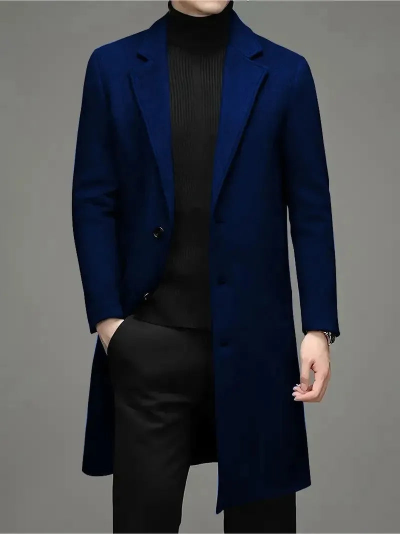 Men's slim-fit woolen coat in solid colour, side seam pockets, 100cm length, polyester