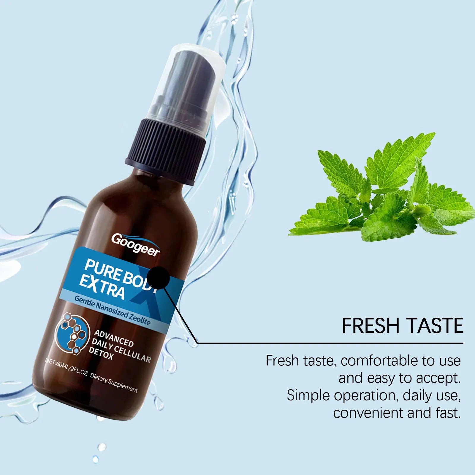 60ml oral spray body treatment product with spray mechanism for personal hygiene use