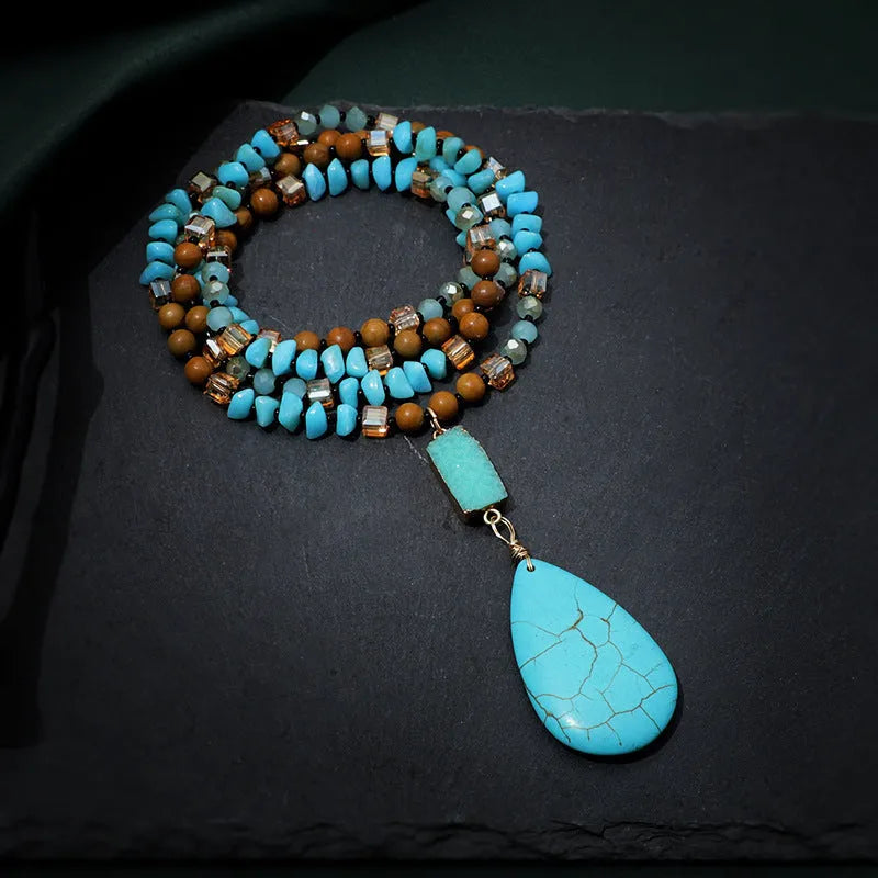 Turquoise water drop pendant necklace with ball bead chain and geometric designs