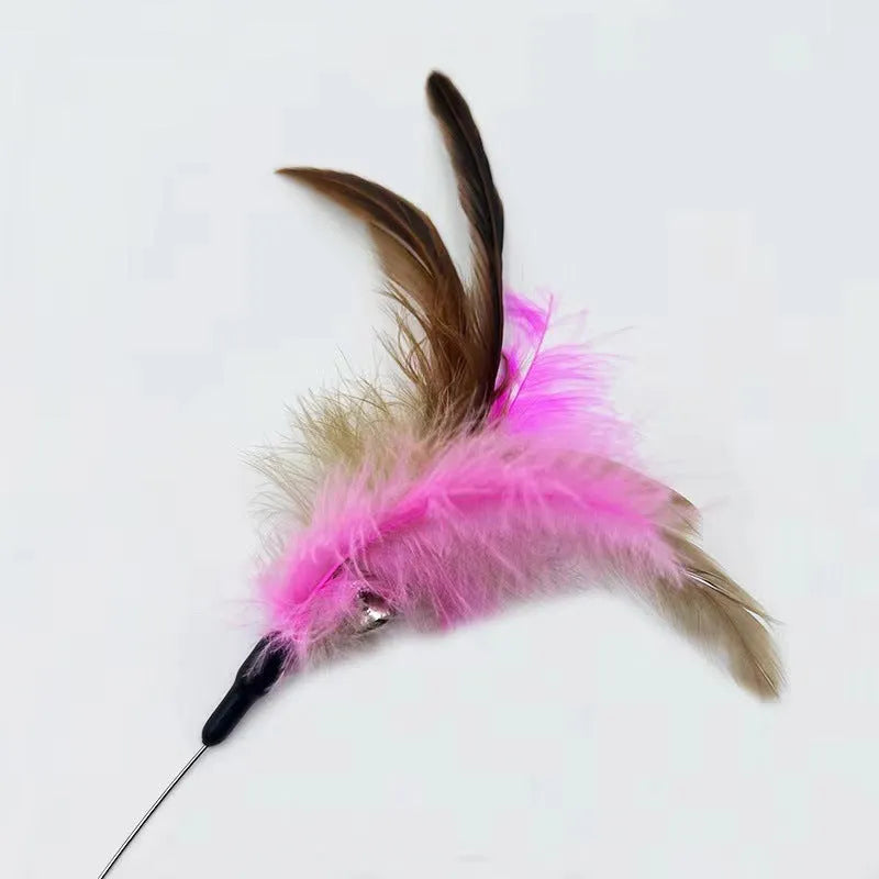 Blue adjustable cat collar with attached silicone wand, dangling feather, and a small bell for interactive play.