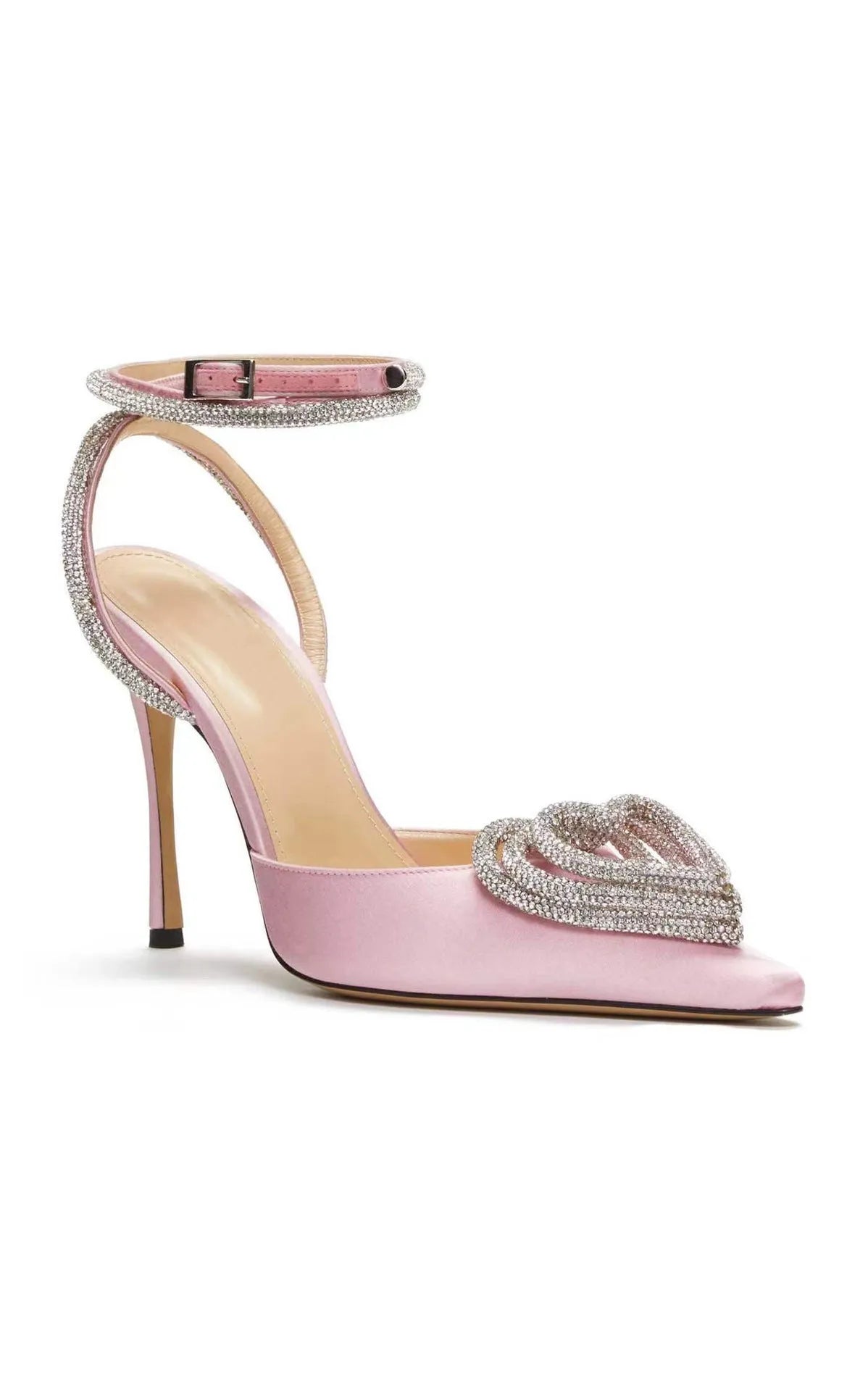Women's pink satin sandals with heart-shaped rhinestones and adjustable cross-band straps