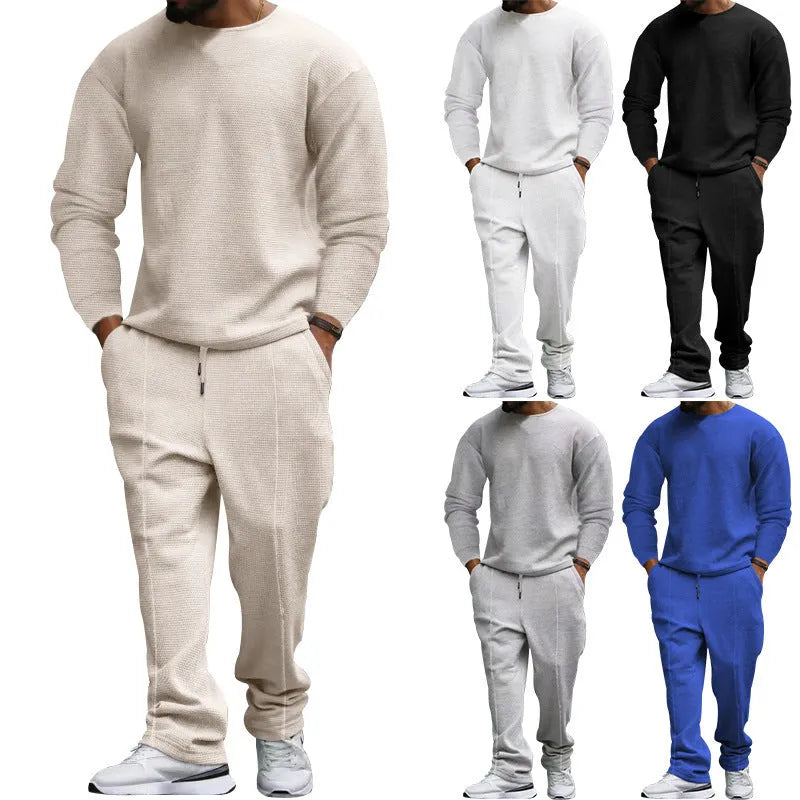 Men's sports and leisure long sleeve trousers set in khaki, polyester fibre fabric, front view