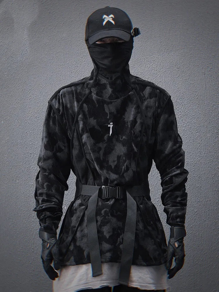 Men's black tie dye sweater with finger turtleneck collar and drop-shoulder sleeves