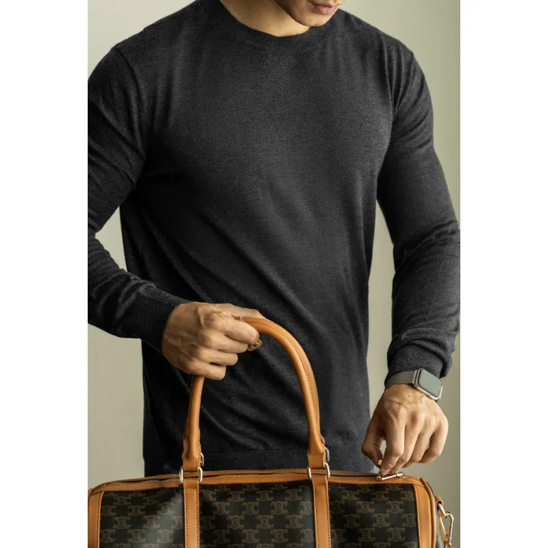 Men's thin knitted long sleeve pullover jumper in dark heather gray, regular fit, wool silk blend