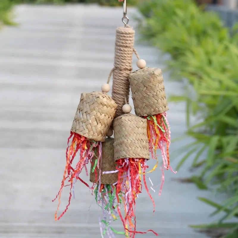 35cm colourful shredded paper bird toy hanging with wood and sisal construction for parrot cages