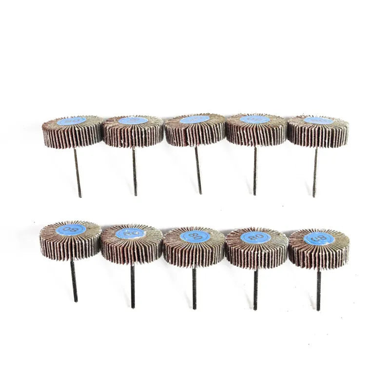 Shutter grinding head with handle, 80 grit louver abrasive cloth wheel, 32mm outer diameter and 2mm inner diameter.
