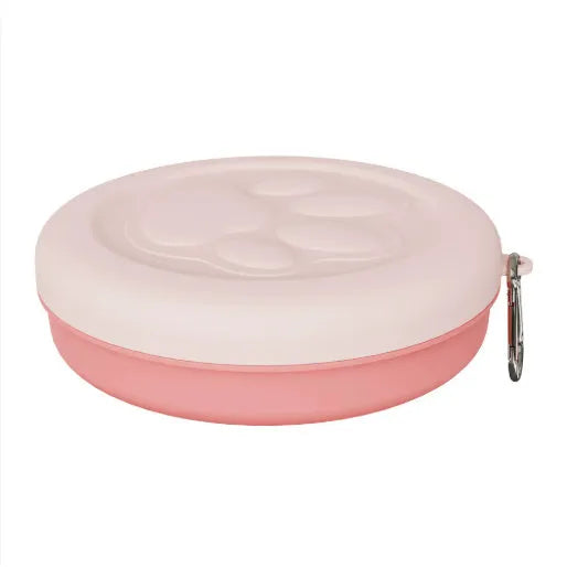 Portable outdoor dog bowl in light pink and green colour options, shown in L and S sizes