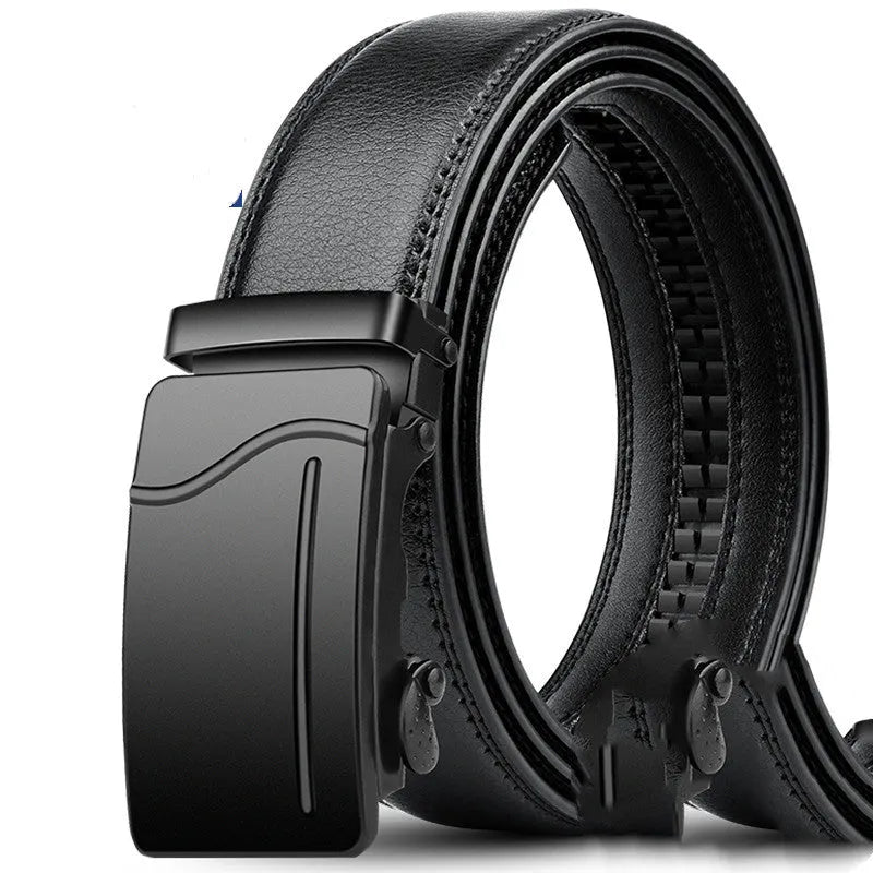 Men's automatic buckle belt in black surface colour, two-layer cowhide leather, 3.5cm width, alloy buckle