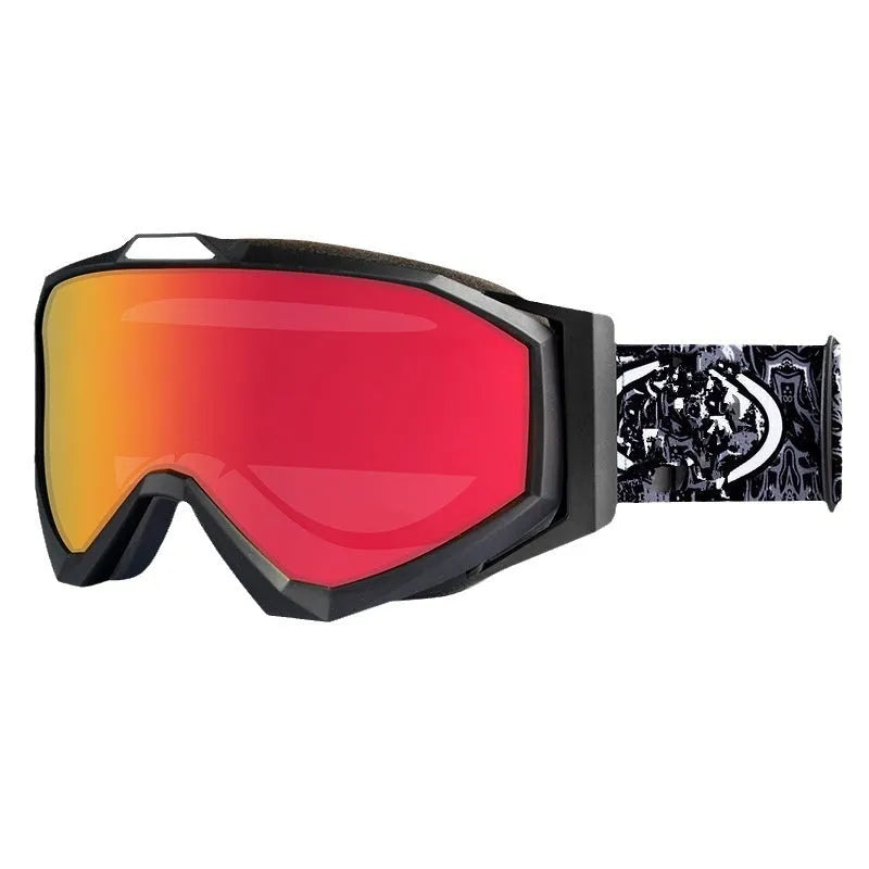 Motorcycle goggles with TPU frame and double-layer lens in assorted colours on a storage cloth bag.
