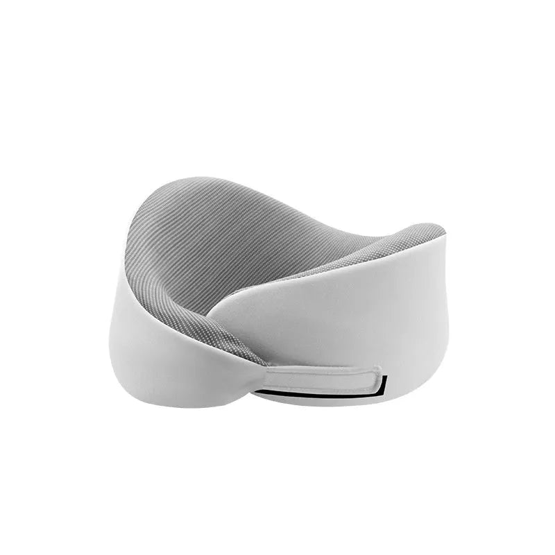 Memory foam U-shaped neck pillow with magnetic cloth neck protector in light grey, dark grey, and light pink colour options