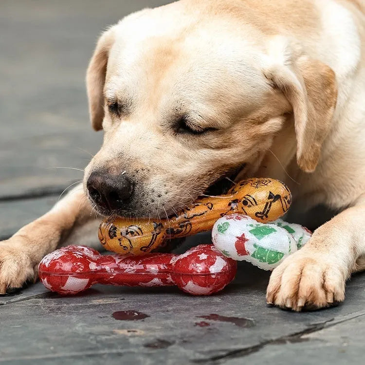 Printed bone-shaped TPR dog toy with squeaker in seasonal red and orange colour options