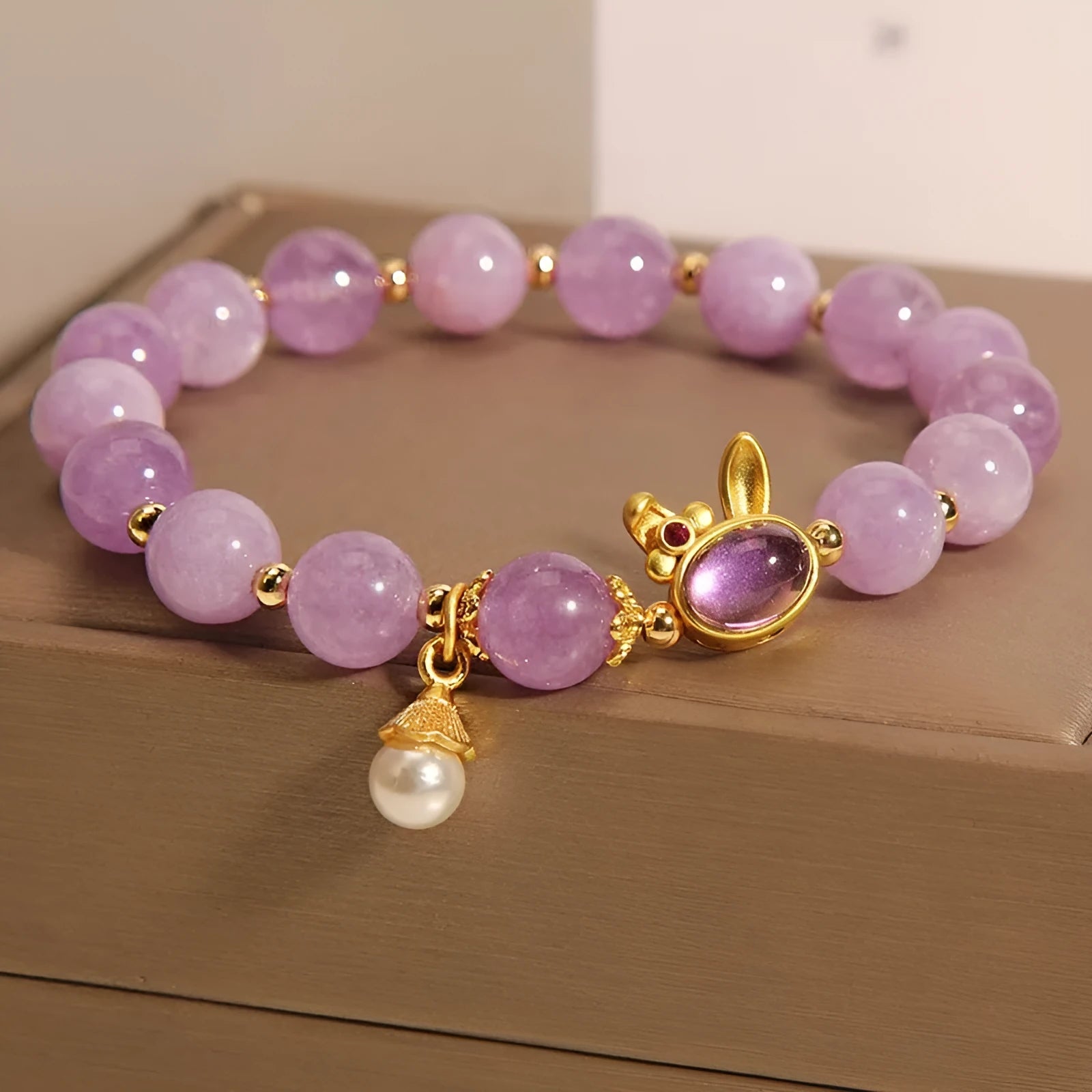 Mauve jade crystal rabbit bracelet with hare head charm in Mori style
