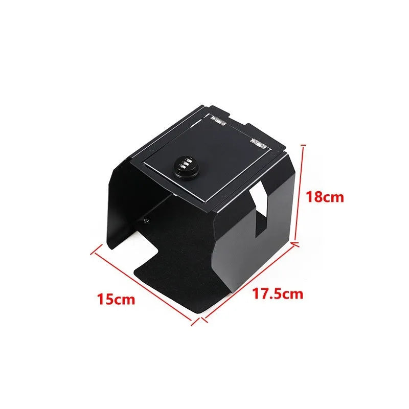 Black metal center console anti-theft box for armrest storage inside car, pressure resistant.