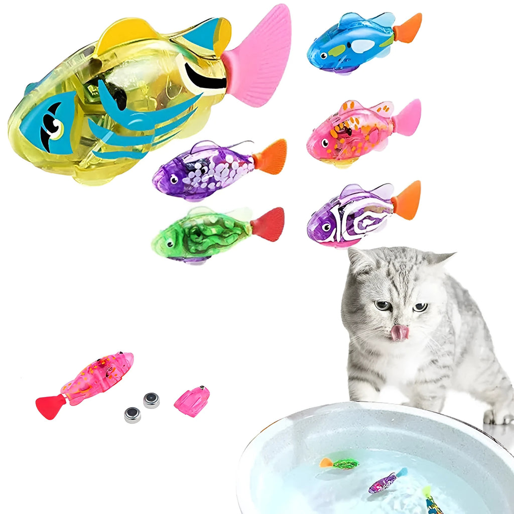 Electric swimming fish toy with LED lights and moving fins, 7.5cm plastic body, available in 8 colours, for pets and babies.