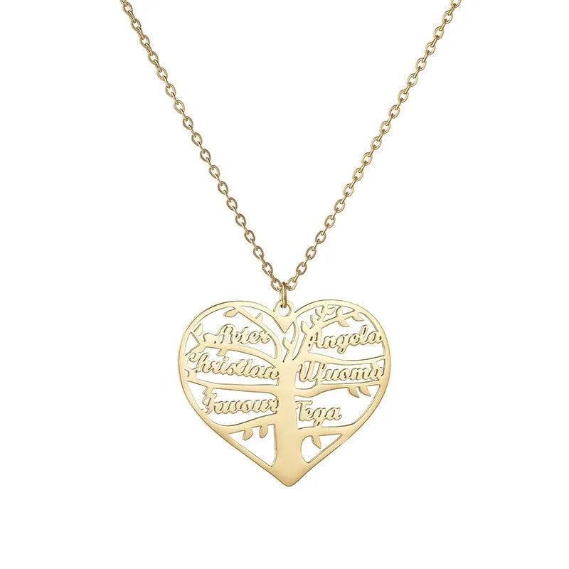 Silver personalised name necklace with hollow heart and tree pendant on a 50cm chain.