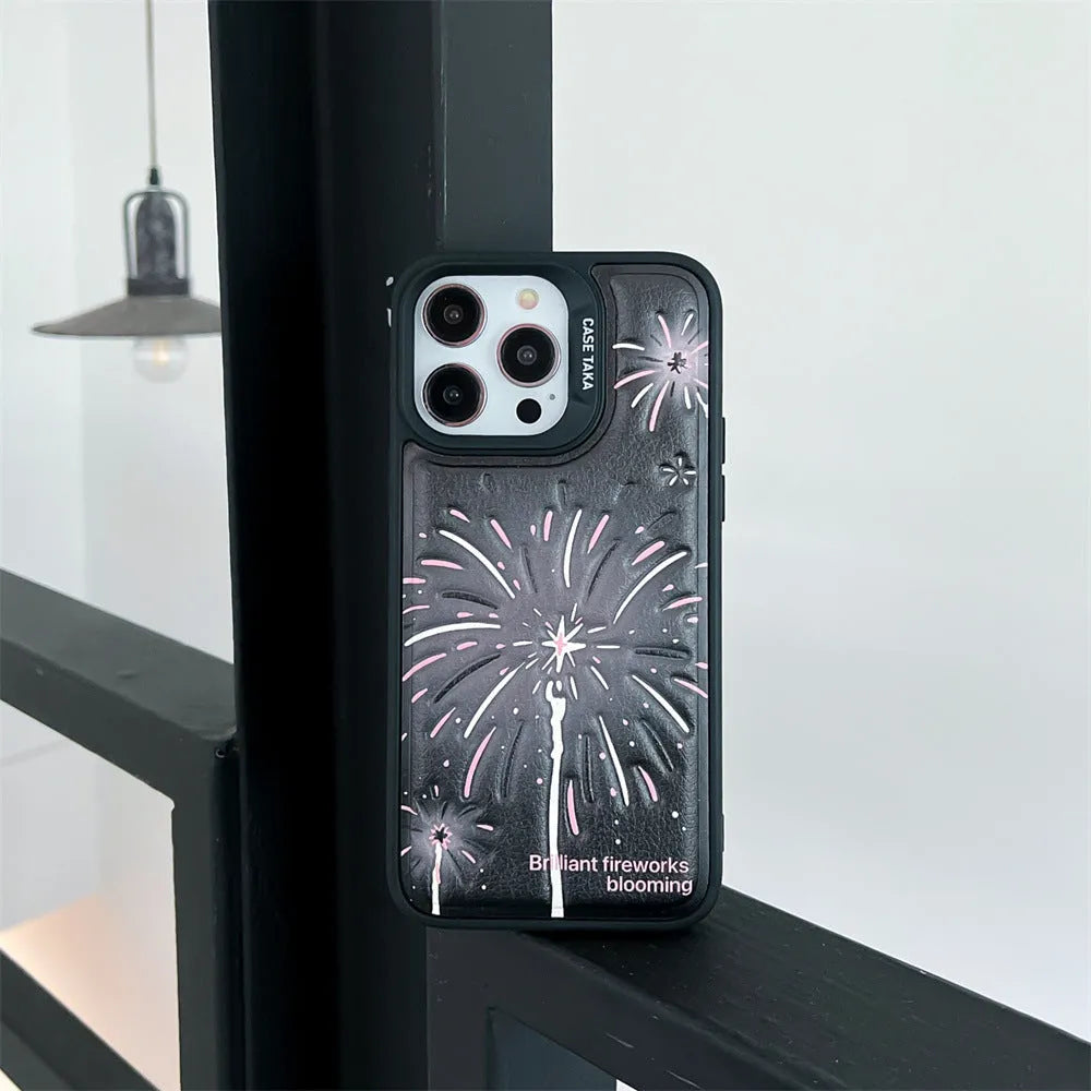 Leather embossed TPU phone case with colourful fireworks design for iPhone