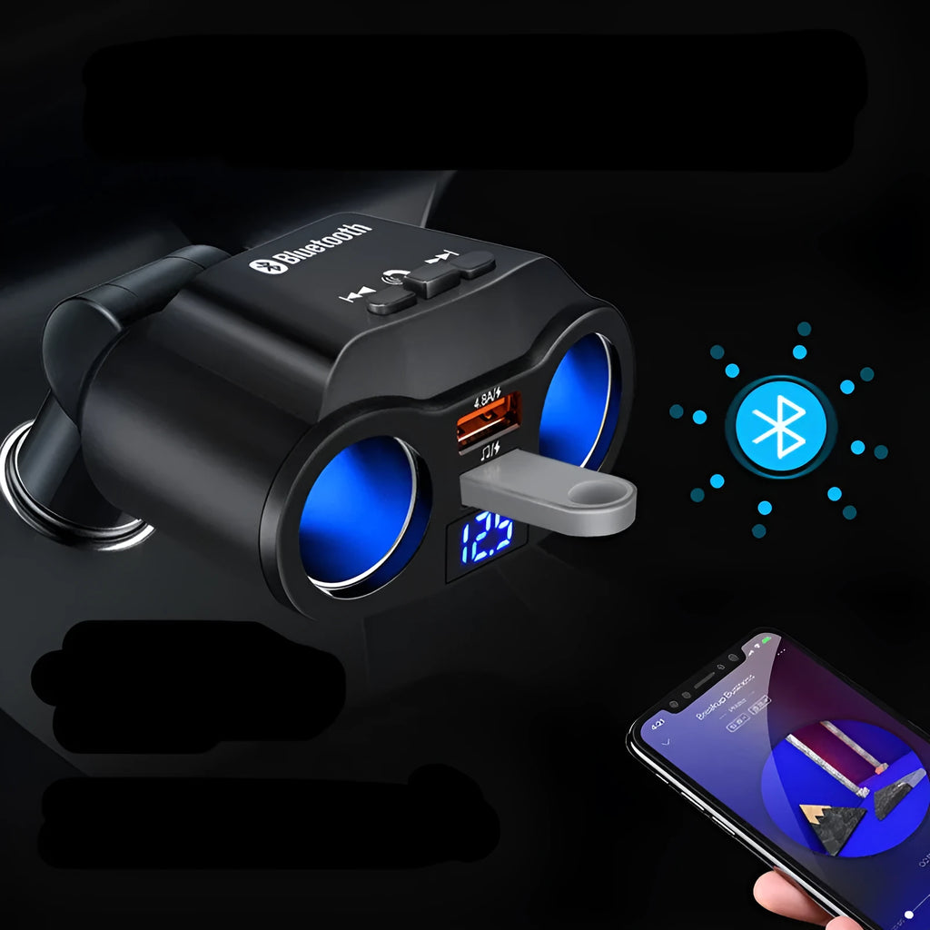 A black car Bluetooth FM transmitter with a USB port plugged into a vehicle's cigarette lighter socket.