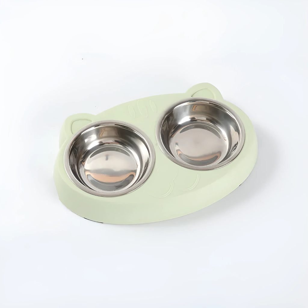 Macaron coloured plastic pet feeder tray with two bowls and a non-slip base.