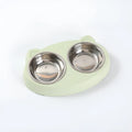 Macaron coloured plastic pet feeder tray with two bowls and a non-slip base.