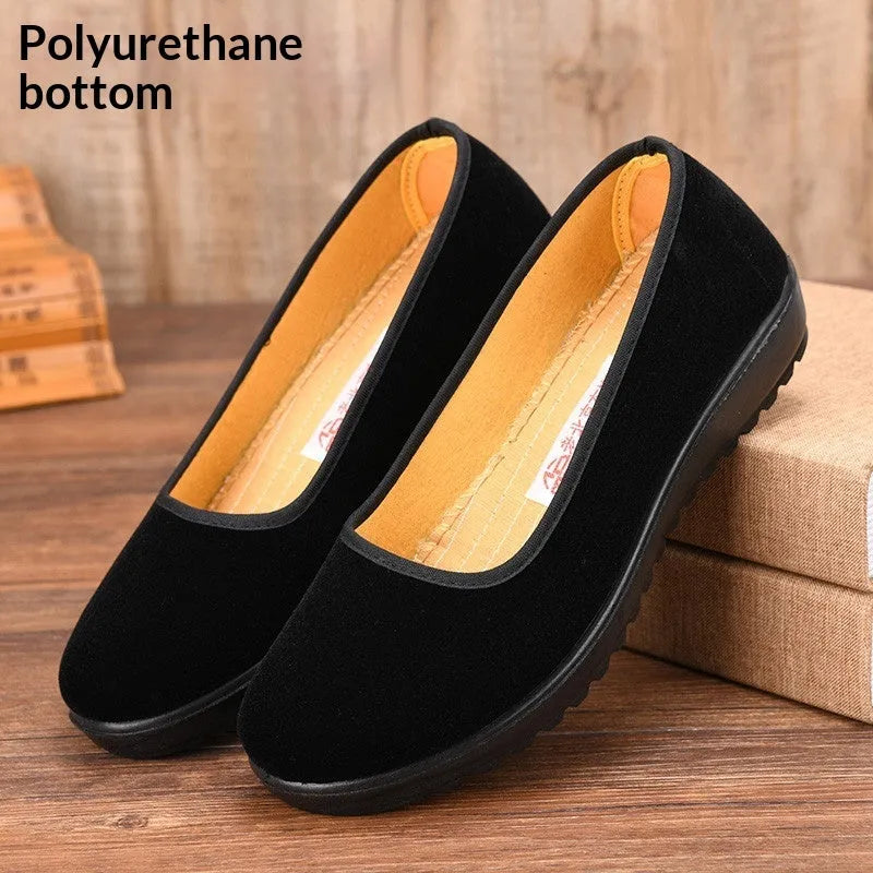 Women's Old Beijing cloth shoes black flat heel round toe cotton flannel upper