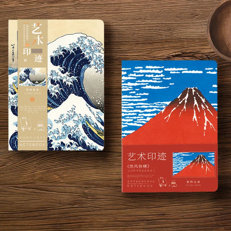 Ukiyo-e series hand ledger notebook open showing retro Japanese wave print cover and lined Daolin paper pages.