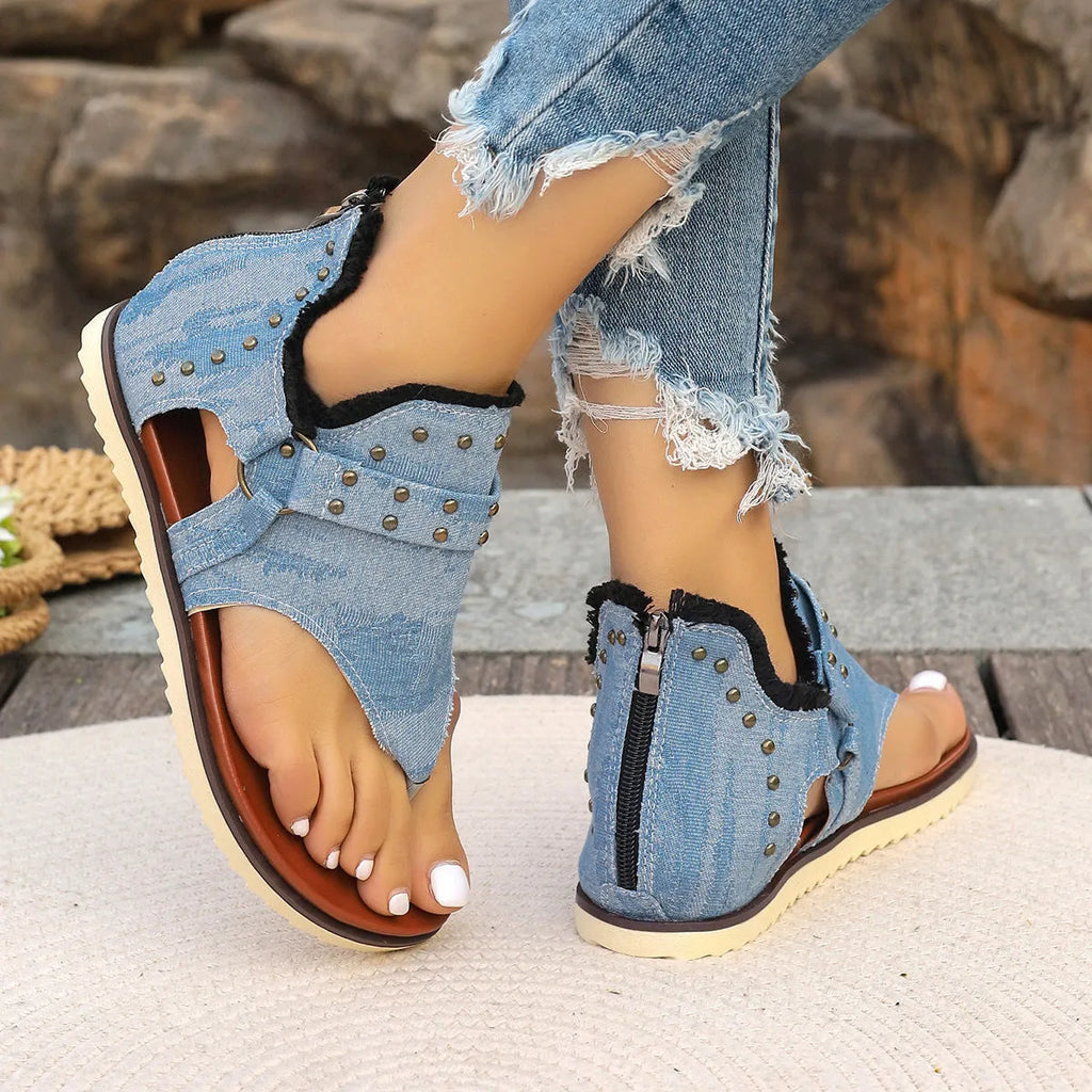 Women's denim thong sandals with rear zipper, PU upper, flat rubber sole, round toe, side hollow, sizes 36-43